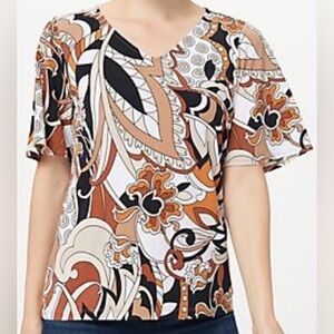 Susan Graver Black, White, and Orange Abstract Print Top